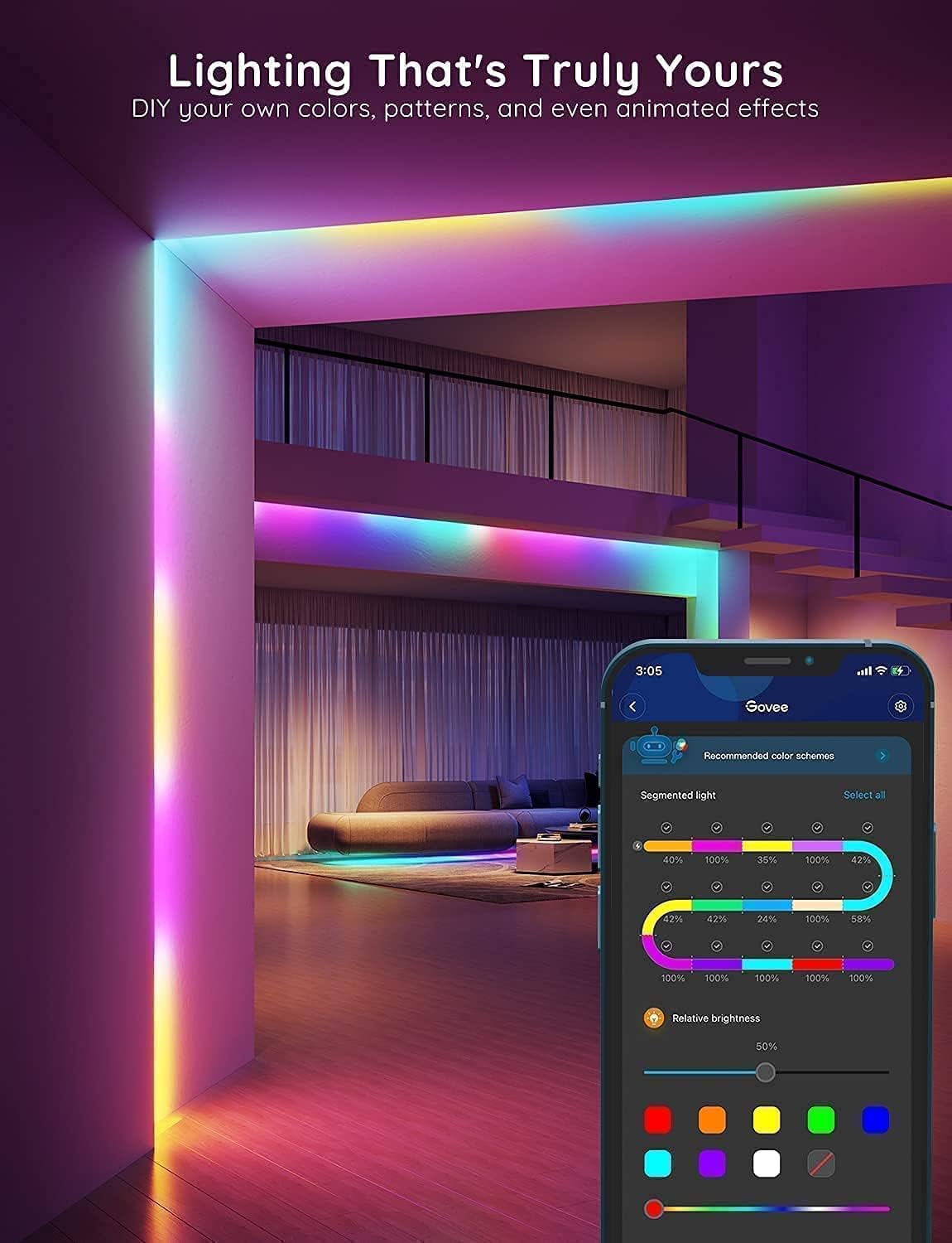 100Ft RGBIC LED Strip Lights, Smart LED Lights Work with Alexa and Google Assistant, LED Lights for Bedroom Wifi App Control Segmented DIY Multiple Colors, Color Changing Light, (2 X 50Ft)
