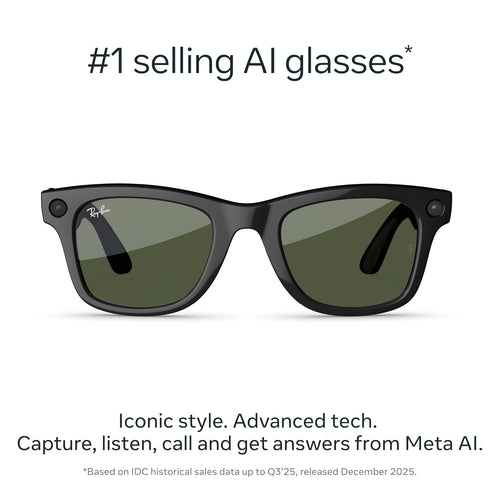Ray-Ban Meta (Gen 2), Wayfarer, Shiny Black | Smart AI Glasses for Men, Women — 2X Battery Life — 3K HD Resolution — 12 MP Ultra-Wide Camera, Audio, Video — Green Lenses — Wearable Technology