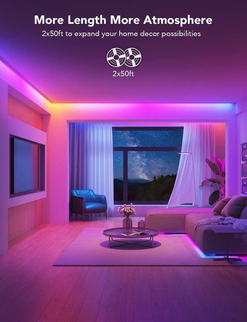 100Ft RGBIC LED Strip Lights, Smart LED Lights Work with Alexa and Google Assistant, LED Lights for Bedroom Wifi App Control Segmented DIY Multiple Colors, Color Changing Light, (2 X 50Ft)